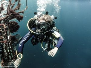 Female tech diver holding mooring line.